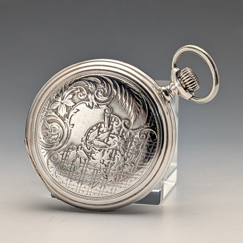 Antique Longines pocket watch, circa 1901, Art Nouveau decoration, silver-sided hunter case, in good working order.