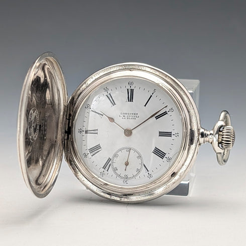 Antique Longines pocket watch, circa 1901, Art Nouveau decoration, silver-sided hunter case, in good working order.