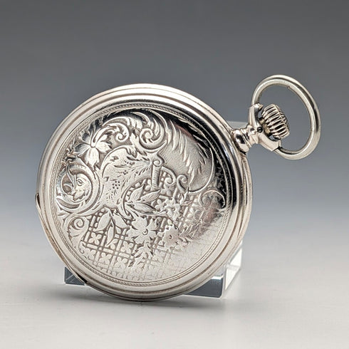 Antique Longines pocket watch, circa 1901, Art Nouveau decoration, silver-sided hunter case, in good working order.