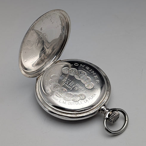 Antique Longines pocket watch, circa 1901, Art Nouveau decoration, silver-sided hunter case, in good working order.