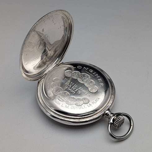 Antique Longines pocket watch, circa 1901, Art Nouveau decoration, silver-sided hunter case, in good working order.