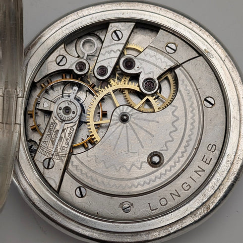 Antique Longines pocket watch, circa 1901, Art Nouveau decoration, silver-sided hunter case, in good working order.