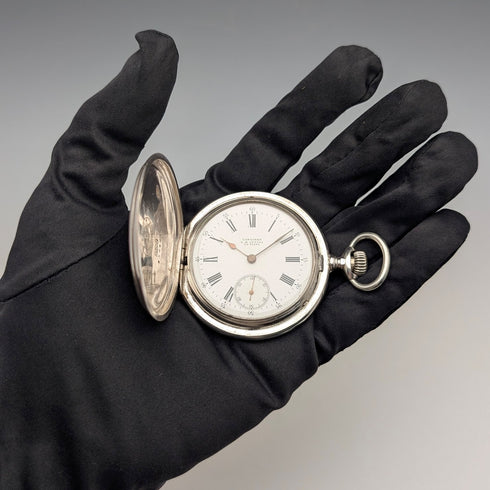 Antique Longines pocket watch, circa 1901, Art Nouveau decoration, silver-sided hunter case, in good working order.