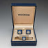 British Wedgwood cufflinks and tie clip with blue jasper sailing ship square cameo and gold-colored base case