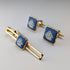 British Wedgwood cufflinks and tie clip with blue jasper sailing ship square cameo and gold-colored base case