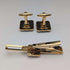 British Wedgwood cufflinks and tie clip with blue jasper sailing ship square cameo and gold-colored base case