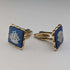 British Wedgwood cufflinks and tie clip with blue jasper sailing ship square cameo and gold-colored base case