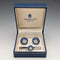 British Wedgwood cufflinks and tie clip with blue jasper sailing ship round cameo and silver base case