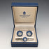 British Wedgwood cufflinks and tie clip with blue jasper sailing ship round cameo and silver base case
