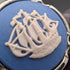 British Wedgwood cufflinks and tie clip with blue jasper sailing ship round cameo and silver base case