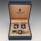 British Wedgwood cufflinks and tie clip with black jasper sailing ship square cameo and gold-colored base case