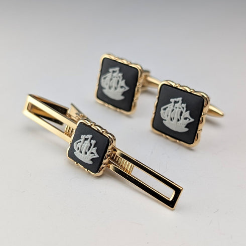 British Wedgwood cufflinks and tie clip with black jasper sailing ship square cameo and gold-colored base case