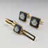 British Wedgwood cufflinks and tie clip with black jasper sailing ship square cameo and gold-colored base case