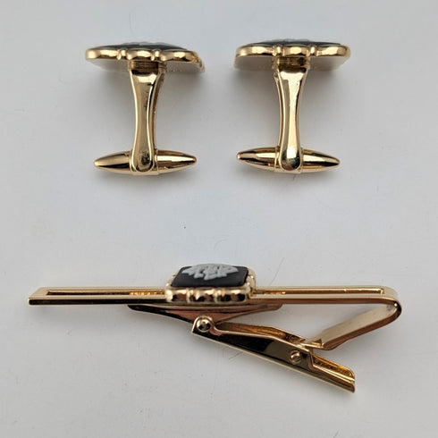 British Wedgwood cufflinks and tie clip with black jasper sailing ship square cameo and gold-colored base case