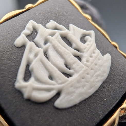 British Wedgwood cufflinks and tie clip with black jasper sailing ship square cameo and gold-colored base case