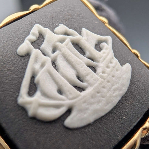 British Wedgwood cufflinks and tie clip with black jasper sailing ship square cameo and gold-colored base case