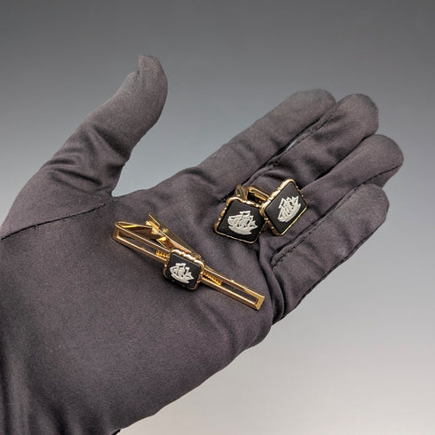 British Wedgwood cufflinks and tie clip with black jasper sailing ship square cameo and gold-colored base case