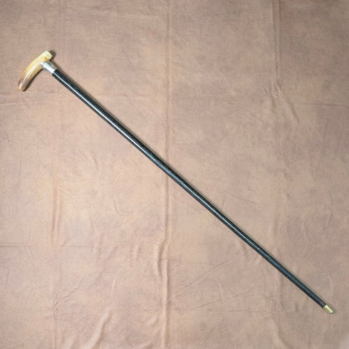 1904年 英国アンティーク ブラックシャフト ホーンクラッチハンドル 純銀装飾 ステッキ 杖 90cm