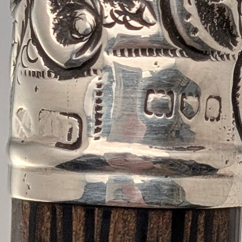 英国アンティーク ブラックシャフト 彫刻純銀製 ロンデルハンドル ステッキ 杖 86cm