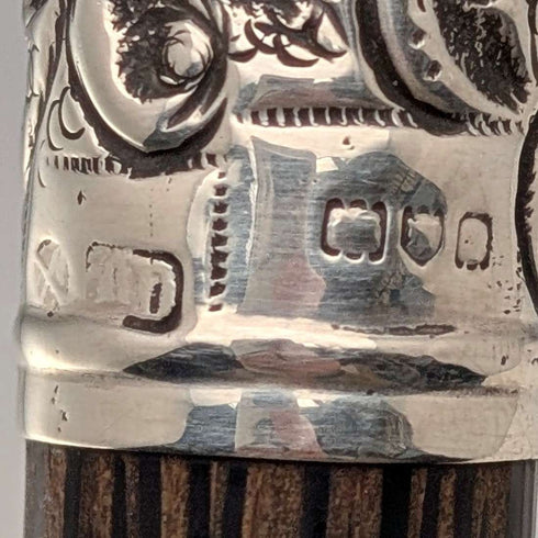 Antique British black shaft engraved sterling silver walking stick with rondelle handle, 86cm