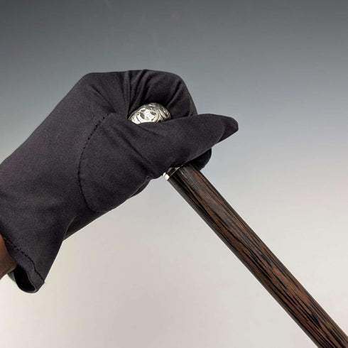 Antique British black shaft engraved sterling silver walking stick with rondelle handle, 86cm