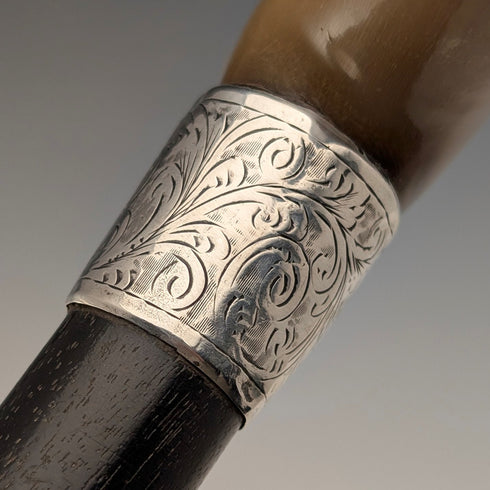 1904年 英国アンティーク ブラックシャフト ホーンクラッチハンドル 純銀装飾 ステッキ 杖 90cm