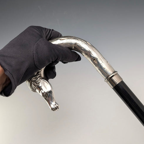 イタリアンヴィンテージ ブラックシャフト 純銀ホースヘッドハンドル ステッキ 杖 82cm
