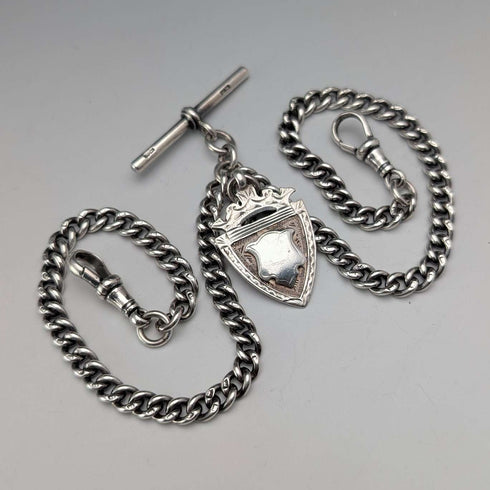 Antique British Sterling Silver Double Albert Chain, 43g, Sterling Silver Medal Fob