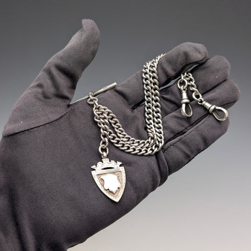 英国アンティーク 純銀製 ダブルアルバートチェーン 43g 純銀メダルフォブ