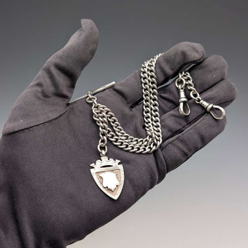 Antique British Sterling Silver Double Albert Chain, 43g, Sterling Silver Medal Fob