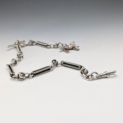 Antique British Fancy Link Sterling Silver Albert Chain, 46g, Dog Fob