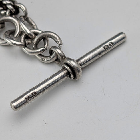 Antique British Fancy Link Sterling Silver Albert Chain, 46g, Dog Fob