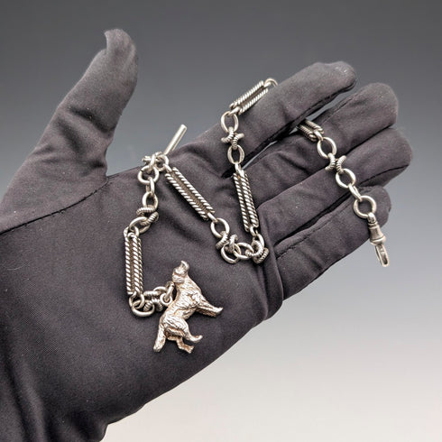 Antique British Fancy Link Sterling Silver Albert Chain, 46g, Dog Fob
