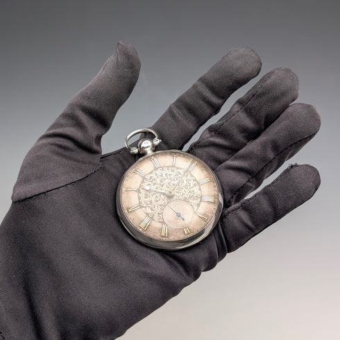 1839年 英国アンティーク 装飾ダイヤル 鍵巻き 懐中時計 直径52mm 動作良好