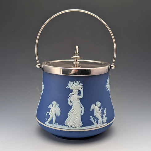 Antique British Wedgwood Biscuit Barrel Jasperware Royal Blue