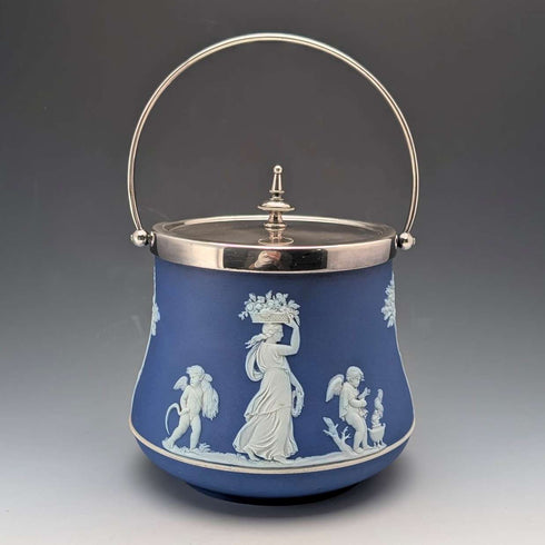 英国アンティーク ウェッジウッド ビスケットバレル ジャスパーウェア ロイヤルブルー