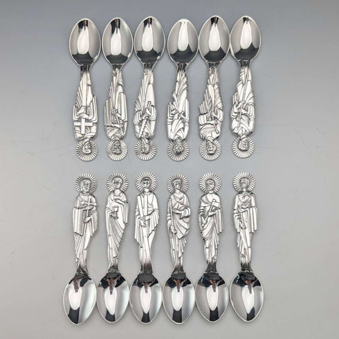 1975 St. Paul's Cathedral Apostle Set of 12 Pure Silver Teaspoons and a Pure Silver Medal, 457g Total, Wooden Case, Toye, Kenning & Spencer