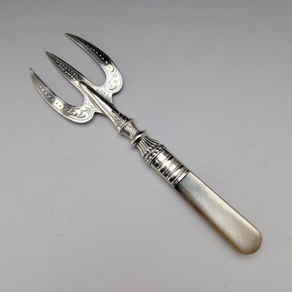 1915年 英国アンティーク 白蝶貝ハンドル 純銀ブレード 小型フォーク A J Bailey