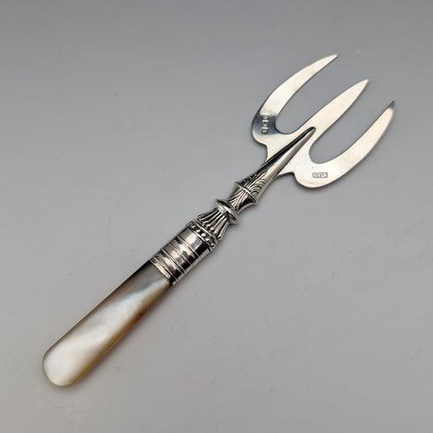 1915年 英国アンティーク 白蝶貝ハンドル 純銀ブレード 小型フォーク A J Bailey