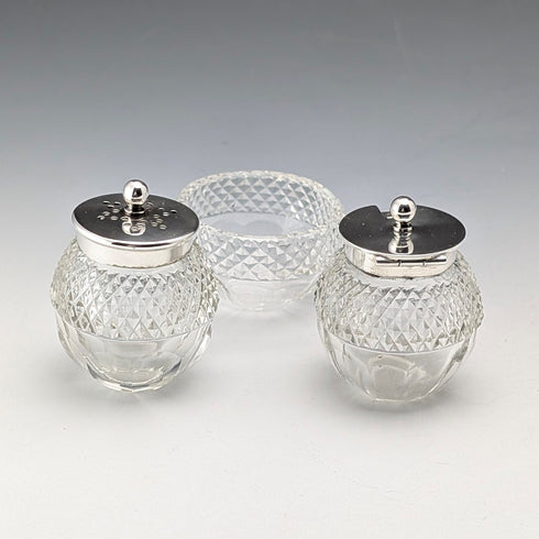 1924年 英国アンティーク 純銀&カットガラス 調味料入れセット James Dixon&Sons