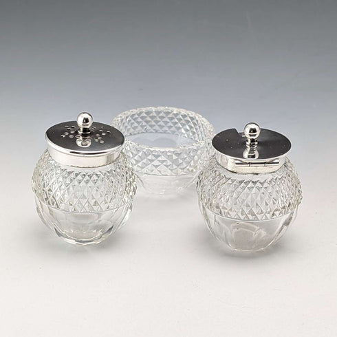 1924 British Antique Sterling Silver and Cut Glass Condiment Set by James Dixon & Sons