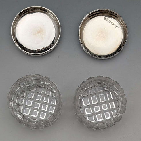 1898 British Antique Silver Lid Mini Cut Glass Jar Pair, Hilliard & Thomason