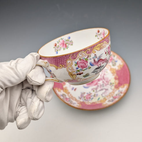 1920s British Minton Cup & Saucer, Pink Cockatrice, Custom Order for Meyer Emporium