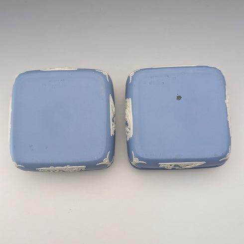 英国ヴィンテージ ウェッジウッド ジャスパーウェア製 角形蓋付きボックス ペア ペールブルー