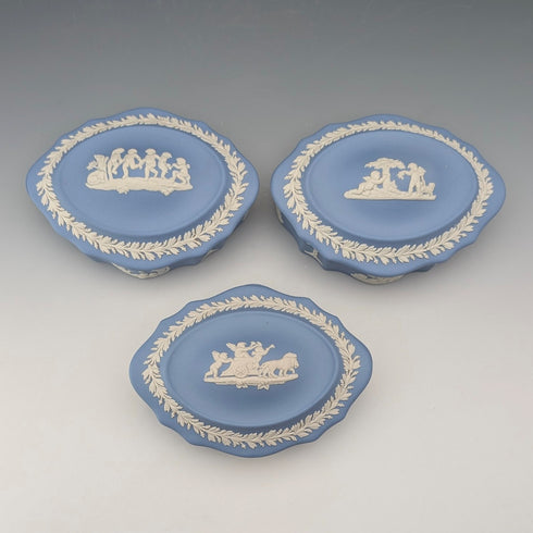 英国ヴィンテージ ウェッジウッド ジャスパーウェア製 ボックストリオ ペールブルー