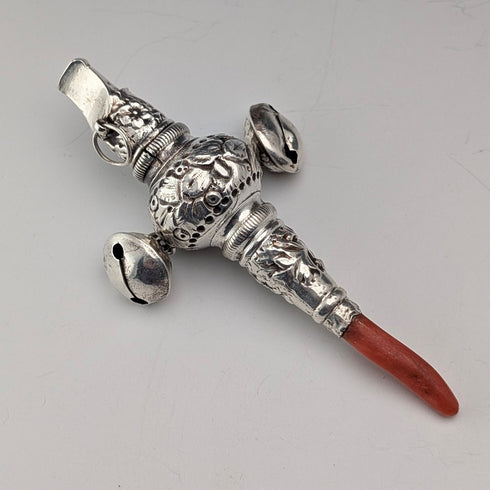 英國古董純銀「珊瑚鈴鐺」嬰兒搖鈴、哨子、安撫奶嘴