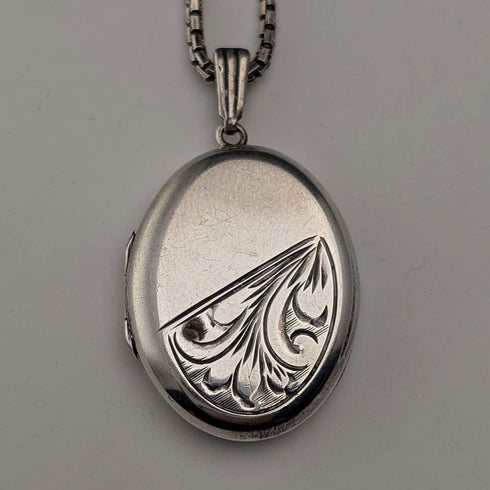 British Vintage Sterling Silver Oval Locket Pendant with Sterling Silver Necklace, 12.8g Total, Excalibur
