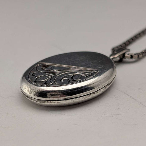 British Vintage Sterling Silver Oval Locket Pendant with Sterling Silver Necklace, 12.8g Total, Excalibur