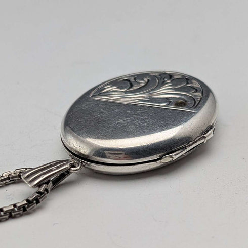 British Vintage Sterling Silver Oval Locket Pendant with Sterling Silver Necklace, 12.8g Total, Excalibur