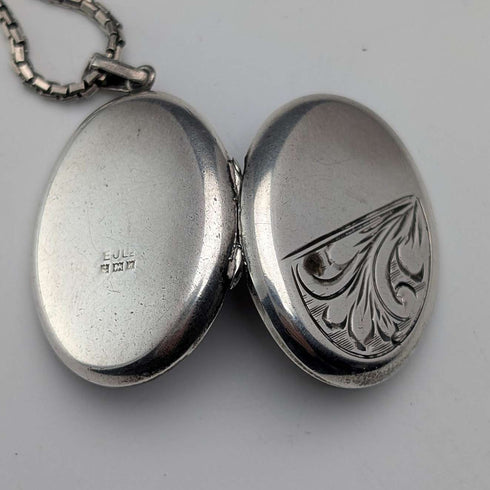 British Vintage Sterling Silver Oval Locket Pendant with Sterling Silver Necklace, 12.8g Total, Excalibur